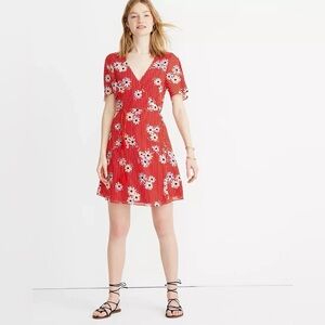 Madewell Red Daisy Society Floral Faux Wrap Mini Dress